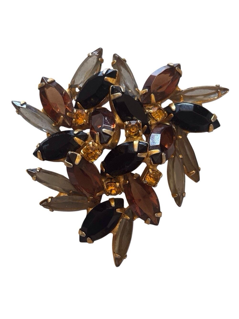 Brown Amber Navette topaz Rhinestone Open Back Cluster Juliana Pin Brooch